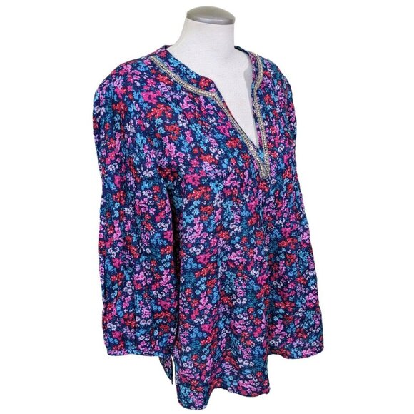 Charter Club Luxury Linen Tunic Top Womens XL Ditsy Floral Rhinestone Pintuck - Picture 3 of 7